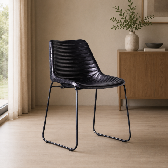 Deluxe RH Dining Chair - Black Ribbed Leather Seat - Black Metal Base