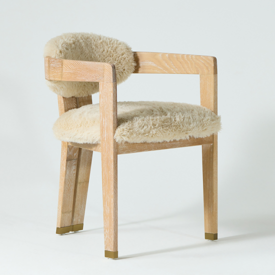 Alaska Dining Chair - Sand Faux Fur - Solid Oak Frame with Brass Caps