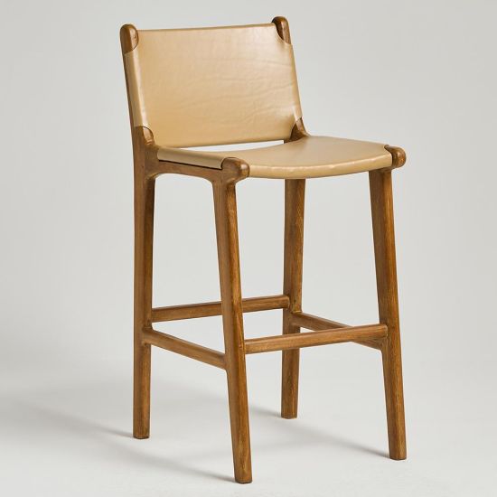 London Bar Stool - Sling Taupe Seat - Teak Base - 64cm