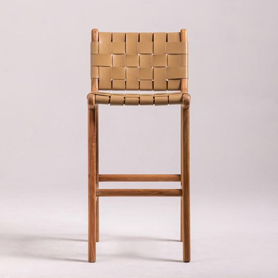 London Bar Stool - Taupe Real Leather Seat - Teak Base - 64cm