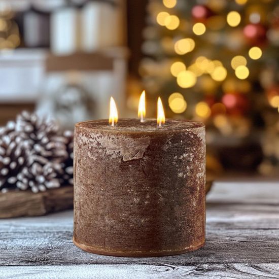 Rustic Pilar Candle - 15cm - 80 Hours Burn Time - Walnut - 3 Wick