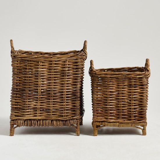 Old French Storage Baskets - Rattan Wicker - Square with Handles - Set of 2