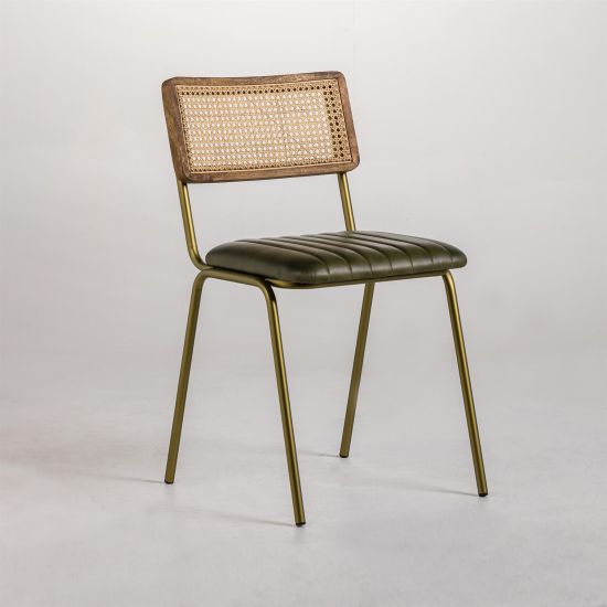 Bexley Dining Chair - Green Real Leather Seat with Cane Backrest - Metal Frame