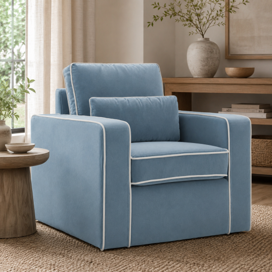 Jenson Armchair - Ice Blue Velvet Accent Chair - Ivory Piping