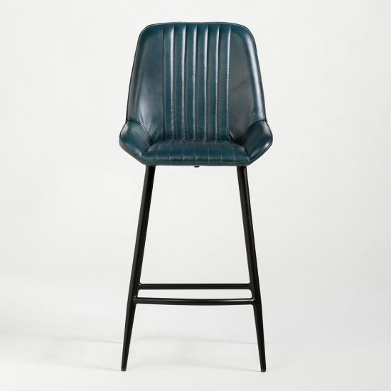 Brooklyn Bar Stool - Blue Real Leather Seat - Black Metal Base 75cm