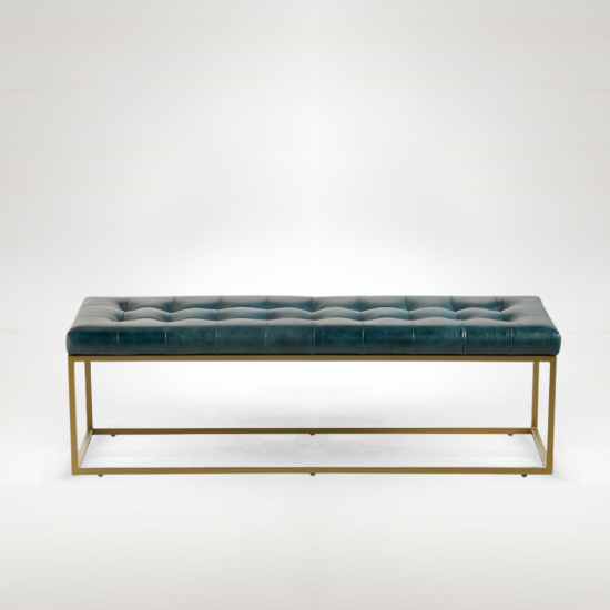 Oxford Ottoman - Blue Real Leather Bench Seat - Brass Base - 140cm
