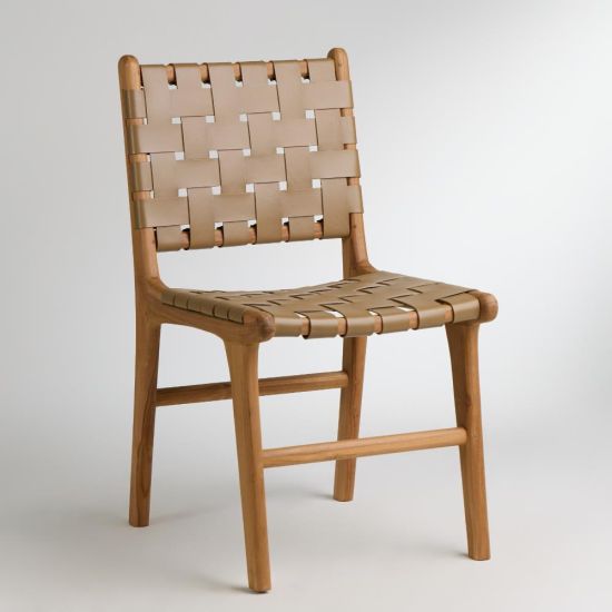 London Dining Chair - Taupe Leather Woven Strap Seat - Teak Frame
