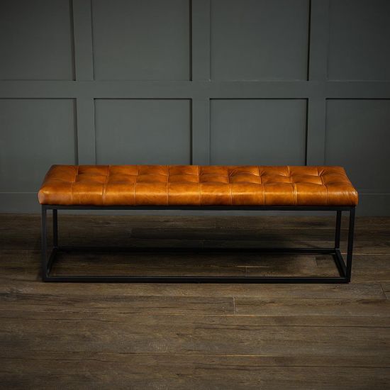 Oxford Ottoman - Tan Leather Real Leather Bench Seat - Black Base 140cm