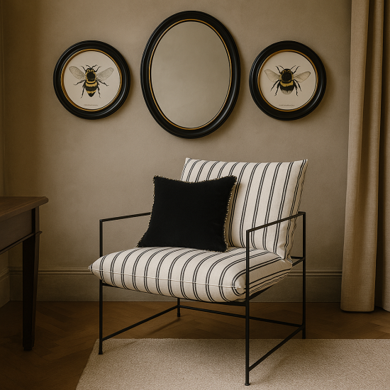 Parker Accent Chair - Stipe Fabric Cushion Seat - Black Metal Frame