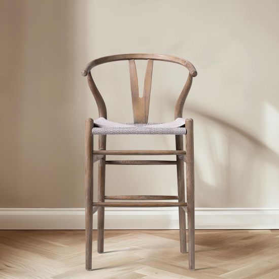 Wishbone Bar Stool - Weathered Grey Elm Frame - Grey Seat - 66cm