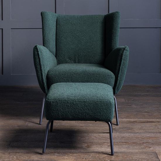 Winston Accent Armchair with Footstool - Green Boucle Fabric - Black Metal Base