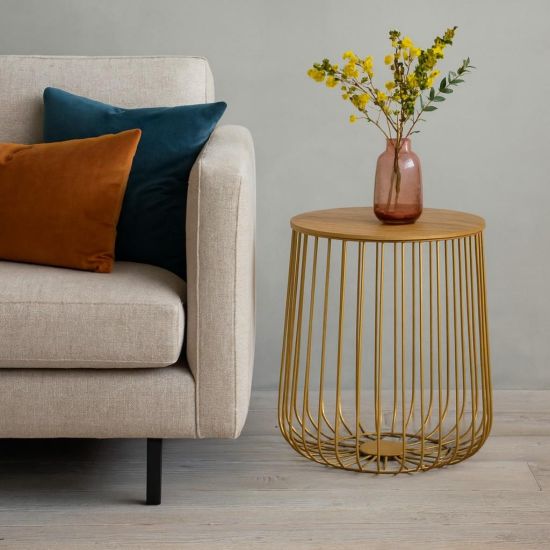 Liv Side Table - Oak Removable Top - Cage Gold Metal Frame - 39 x 42cm