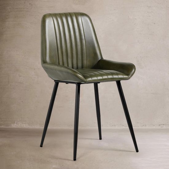Brooklyn Dining Chair - Green Real Leather Seat - Black Base