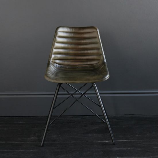 Gansevoort Chair Olive Green Ribbed Leather Seat with Black Cross Legs Base