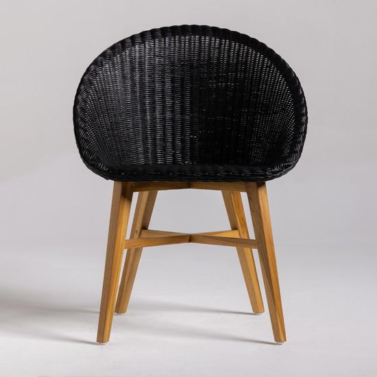 Bobby Dining Chair - Black Curved Rattan Seat - Natural Teak Base