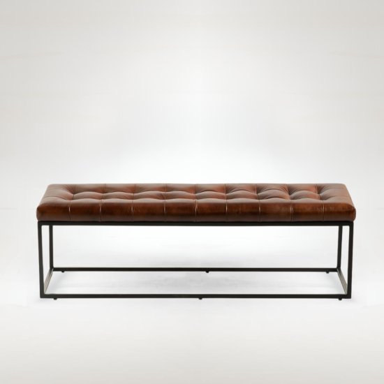 Oxford Ottoman - Brown Real Leather Bench Seat - Black Base - 140cm