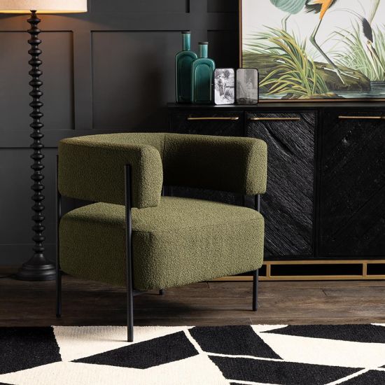 Cheam Occasional Armchair - Green Boucle Seat - Black Curved Metal Frame