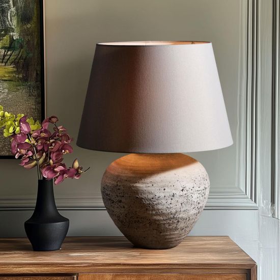 Hugh Table Lamp - Grey Light Shade - Ceramic Natural Stone Effect Base - 64cm