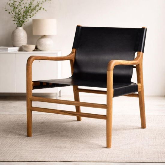 Earl Armchair - Black Leather Lounge Seat - Natural Teak Frame