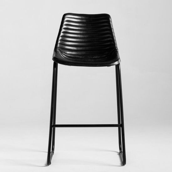 Road House Bar Stool - Black Ribbed Real Leather Seat - Black Base - 66cm