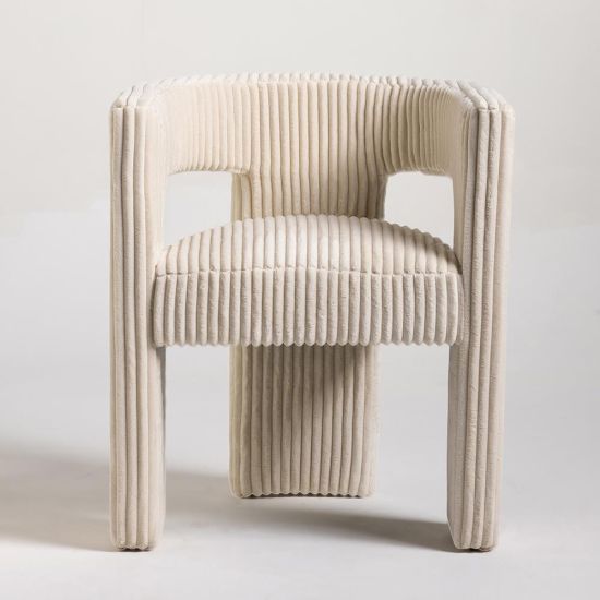 Cadiz 3 Legged Accent Chair - Corduroy Ivory Fabric - Curved Back - Blocky Legs