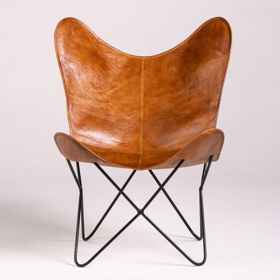 Butterfly Accent Chair - Tan Real Leather Seat - Black Base