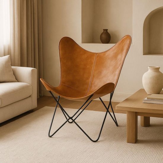 Butterfly Accent Chair - Tan Leather Seat - Black Metal Frame