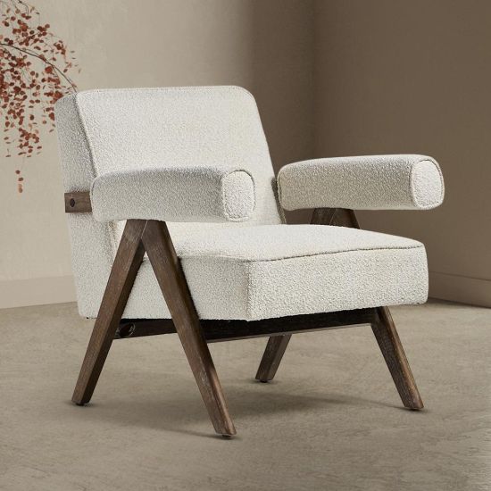 Lorenzo Accent Armchair - Natural Boucle Fabric Seat - Brushed Wood Frame