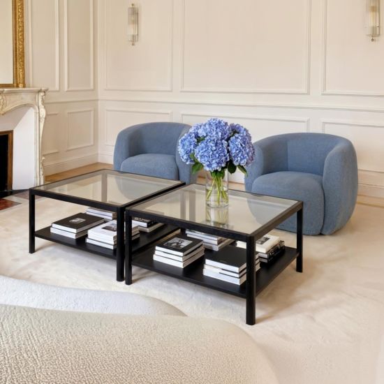 Oakley Coffee Table - Glass Square Top - Black Wood Grain Frame - 80 x 45cm