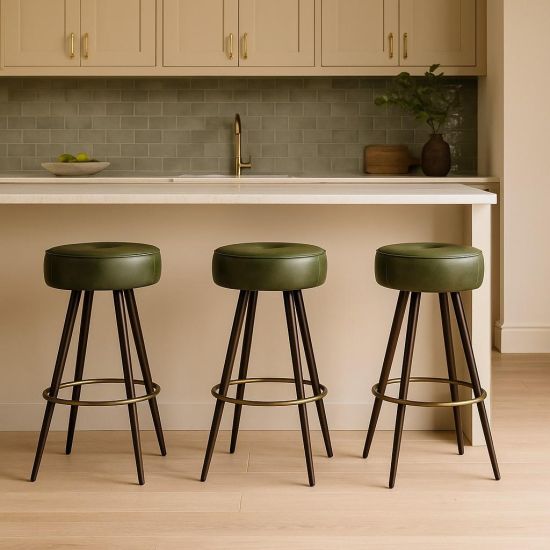 Crompton Bar Stool - Green Leather Seat - Pewter and Brass Base - 66cm