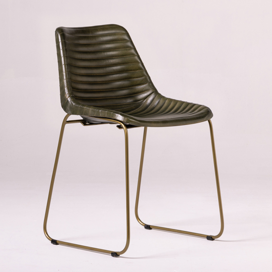Deluxe RH Dining Chair - Green Ribbed Real Leather Seat - Gold Base