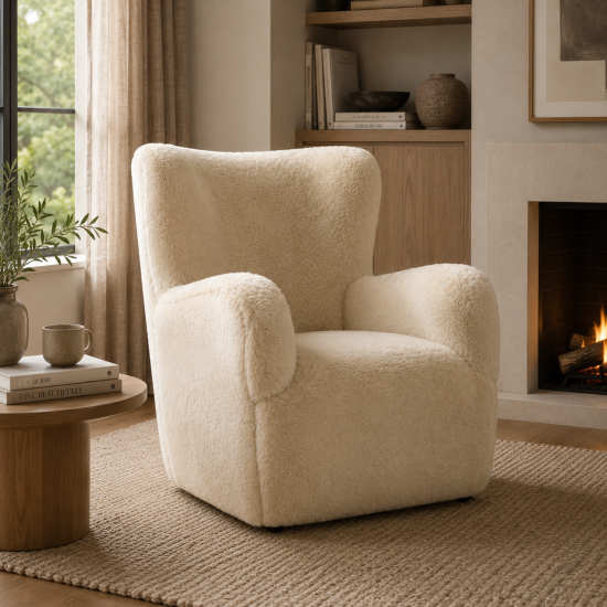 Lobo Armchair - Natural Faux Fur Accent Chair - Black Wood Feet