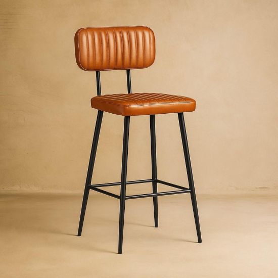 Memphis Bar Stool - Tan Leather Ribbed Seat - Black Base - 66cm