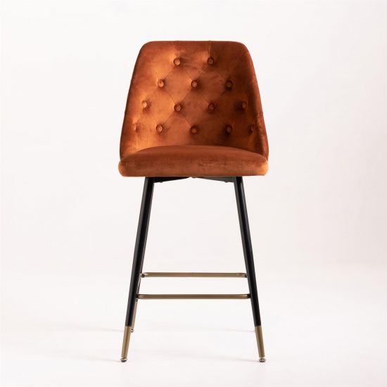 Belgravia Bar Stool - Velvet Orange Seat - Black & Brass Metal Legs - 66cm