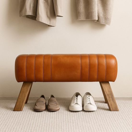 Pommel Bench - Brown Leather Seat - Natural Wood Legs - 88cm