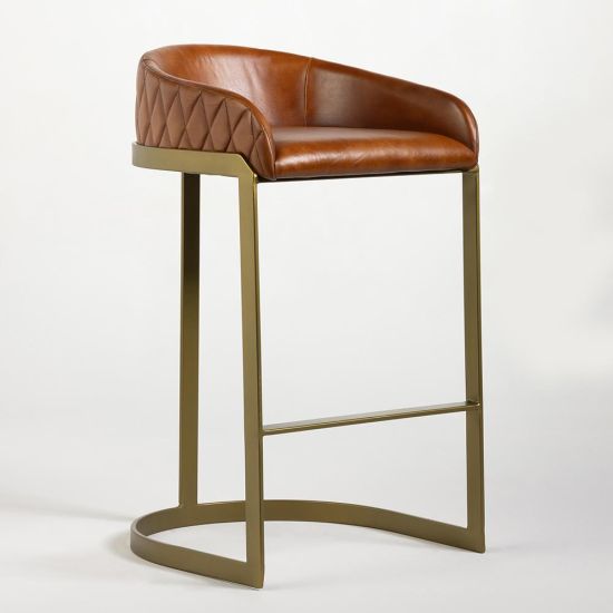 Spinningfields Bar Stool - Brown Real Leather Seat - Gold Base - 75cm