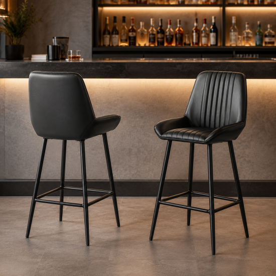 Brooklyn Bar Stool - Black Leather Seat - Black Metal Base - 75 cm