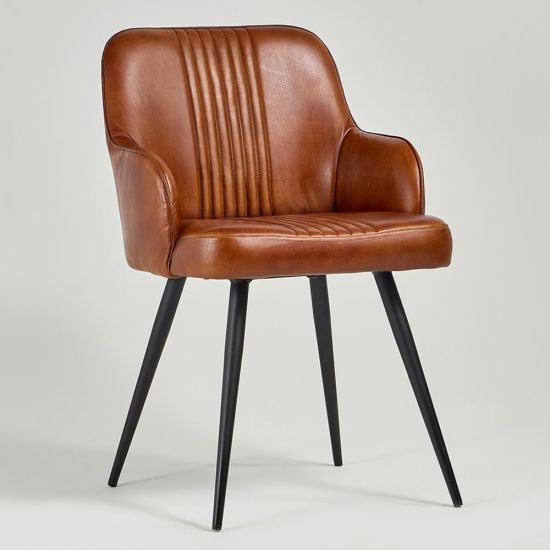 Ancoats Dining Chair - Tan Real Leather Seat - Black Metal Base
