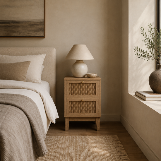 Lille Bedside Cabinet - Oak Wood Grain - Rattan 2 Drawer Storage