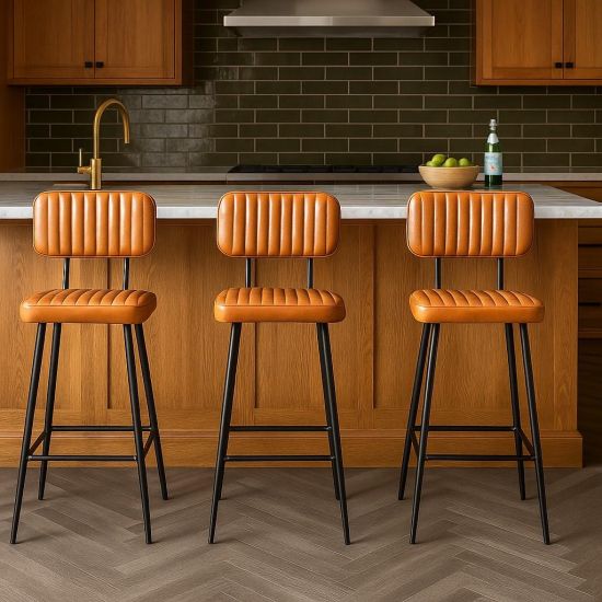 Memphis Bar Stool - Tan Ribbed Leather Seat - Black Base - 66cm