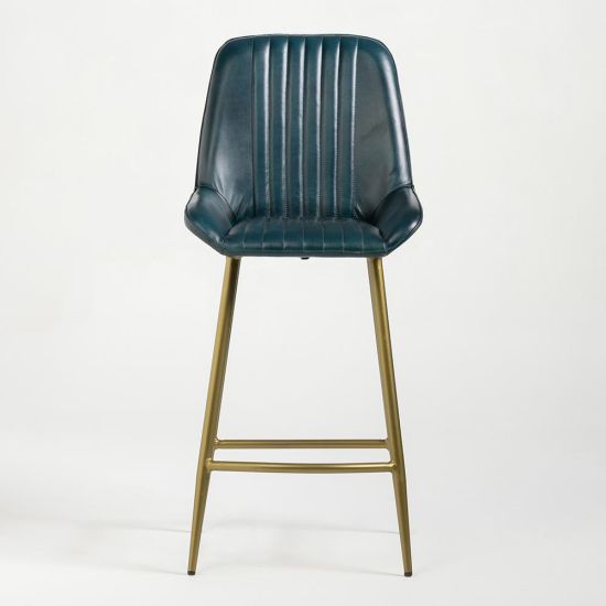 Brooklyn Bar Stool - Blue Real Leather Seat - Dull Gold Metal Base - 66