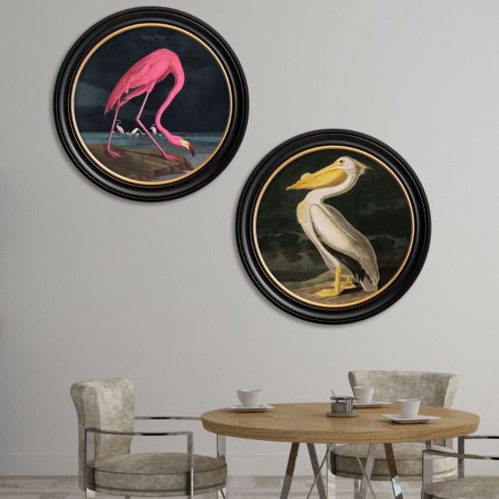 Pink Flamingo Framed Wall Art - Black & Gold Round Frame