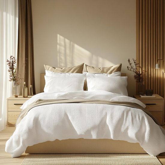 Duvet Cover & Pillowcase Set - White - Cotton Waffle Design - Single