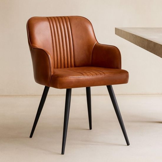 Ancoats Dining Chair - Tan Leather Seat - Black Metal Base