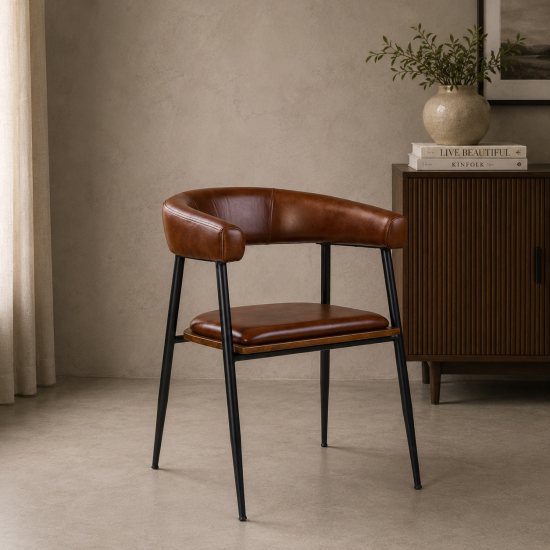 Captains Dining Chair - Brown Leather Seat - Black Metal Base