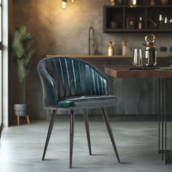 Wilson Dining Chair - Blue Real Leather Seat - Black Metal Base