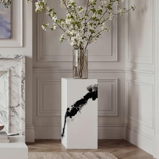 OTI Sur Small Pedestal Table - Panda Marble Effect - Square Sculptural Design