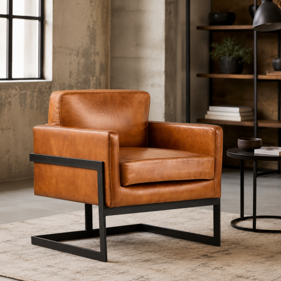 Sackville Armchair - Tan Real Leather Seat - Black Metal Frame