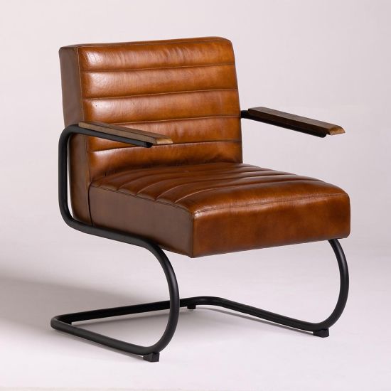 Ealing Armchair - Real Brown Real Leather Seat - Black Metal Base