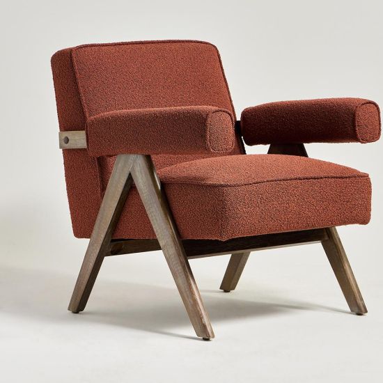 Lorenzo Accent Armchair - Rust Boucle Fabric Seat - Brushed Wood Frame